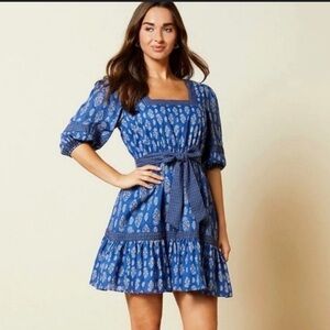A loves A block print paisley square neck tired midi dress blue size medium